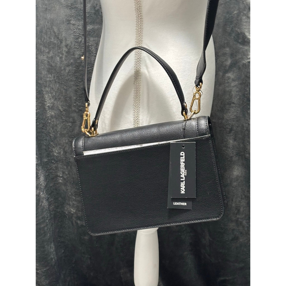 NWT Karl Lagerfeld Paris Simone Top Handle Black Leather Gold Studded Crossbody - Picture 2 of 11